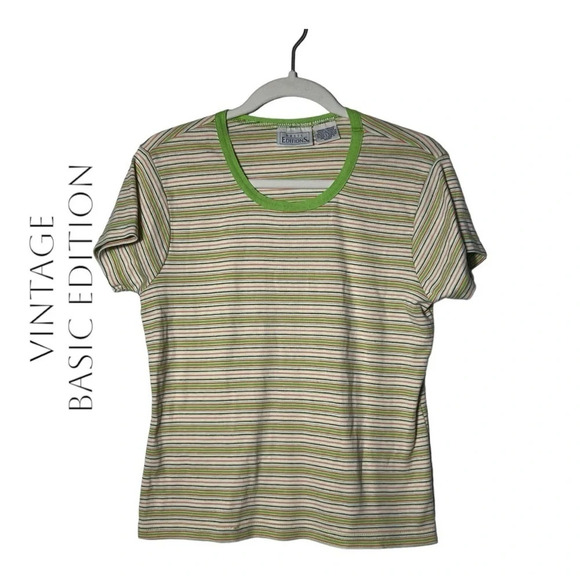 1942. VINTAGE BASIC EDITION SHORT SLEEVE T-SHIRT SIZE MEDIUM STRIPES GREEN/WHITE - Picture 1 of 7